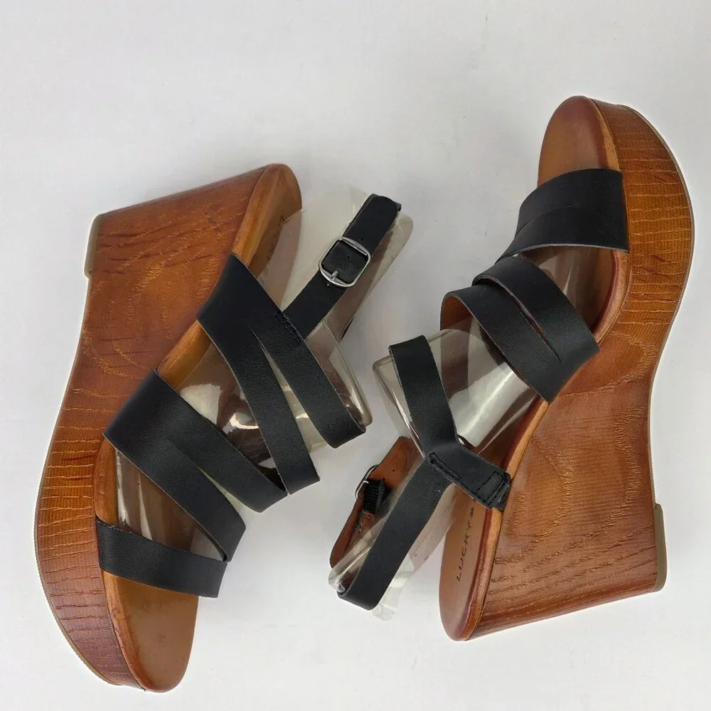 Lucky Brand Marinaa Black Leather Strappy Wedge Sandals 8M